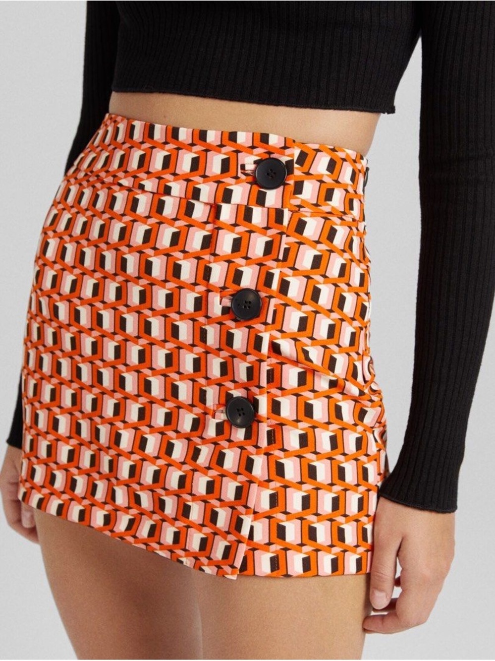 Bershka Geometric Orange Mini Skirt with Button Detail